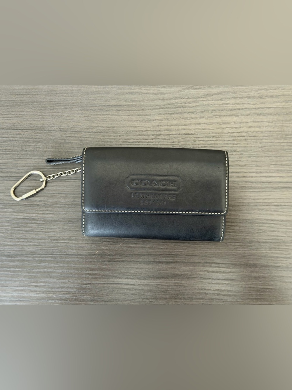 Coach Black Leather Key Wallet with White Stitching and Chain